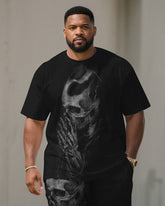 Men's Plus Size Black Prayer Skull Gesture Print Short Sleeve T-Shirt Shorts Suit
